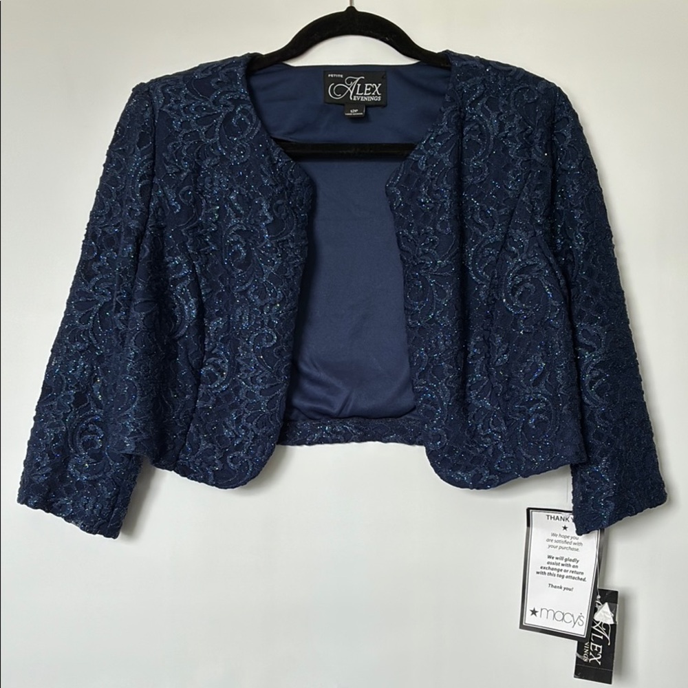 Alex Evenings Women's Midnight Blue Lace Glitter Bolero Open Jacket